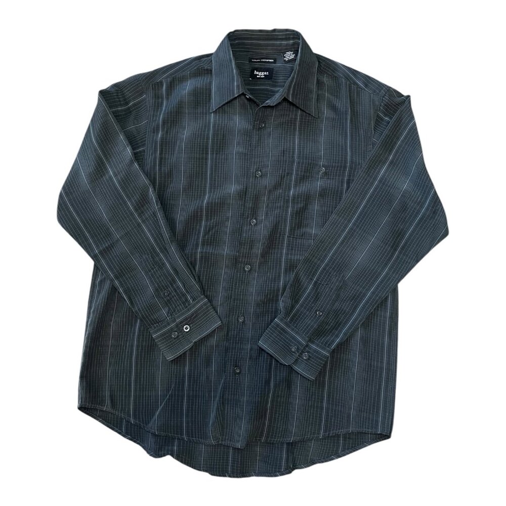 Haggar Men’s XL Luxury Microfiber Black Striped Long Sleeve Soft Buttondown Work